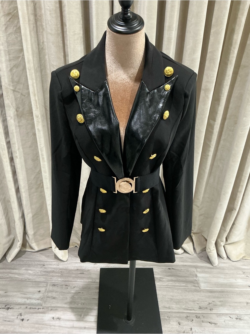 STYLEWE Black Blazer with Gold Buttons and Belt